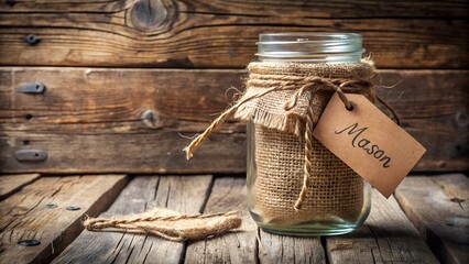 A rustic mason jar wrapped in burlap sits on a wooden background, adorned with twine and a label