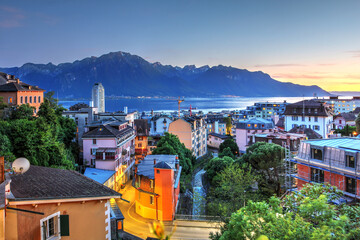 View from Vieux Montreux (old town of Montreux) at sunset, Switzerland