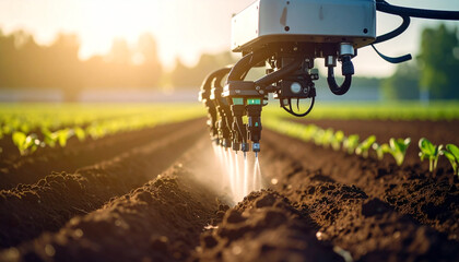 Robotics in agriculture: A futuristic view of advanced robotics automating farming tasks, with precision spraying in a fertile field and the sun's glow symbolizing progress.