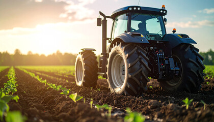 Agricultural Marvel: A sturdy tractor stands as a symbol of modern farming, poised amidst rows of vibrant young crops. It epitomizes the blend of nature and technology.