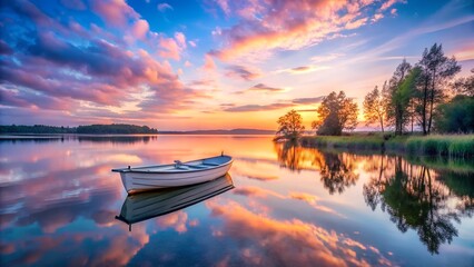 A small white boat floats serenely on a calm lake at sunset, reflecting the vibrant colors of the sky and clouds