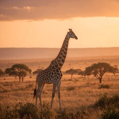 Obraz premium A majestic giraffe stands gracefully in the golden light of sunrise over a vast savanna, surrounded by acacia trees and soft rolling grasslands in a serene, natural setting.