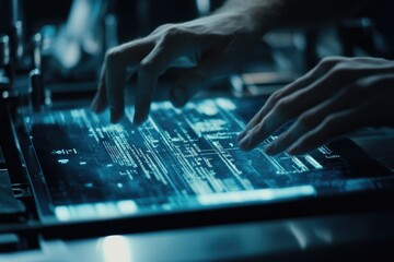 Hands interact with a futuristic, transparent screen displaying glowing lines of code.