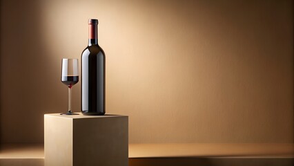 A bottle of red wine and a glass sit on a beige cube against a brown background