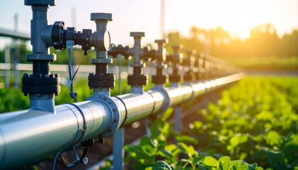 Agriculture irrigation system: Close-up of irrigation system running across field.