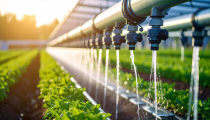 Irrigation System in Action: This image captures a state-of-the-art irrigation system in a vibrant agricultural landscape. Precise nozzles deliver water, vital for the plants.