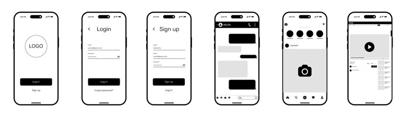 Mobile App Wireframe UI Kit Screens Vector Set