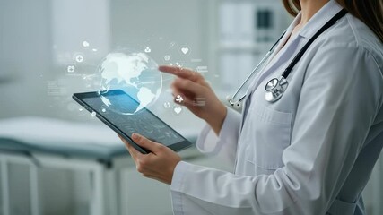 Doctor Using Digital Tablet for Telemedicine Consulting Worldwide with Virtual Globe Interface - Powered by Adobe