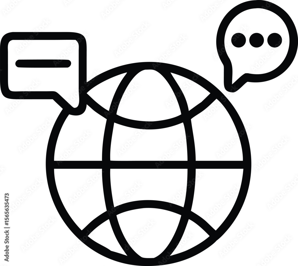 Poster globe outline icon with speech bubbles, global communication and network concept