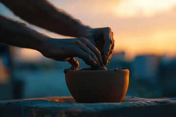 A potter's hands skillfully shaping clay into a vessel at sunset, a moment of creation and artistry.
