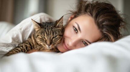 pets, comfort, rest and people concept - happy young woman with cat lying in bed at home, no logos, no brands