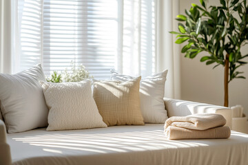 Cozy beige sofa with soft pillows and neatly folded blanket, illuminated by warm daylight streaming through blinds. Concept of comfort inviting living spaces, importance of sunlight in home aesthetics