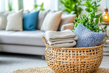 Woven basket with guest essentials as folded blanket in cozy living area, couch with decorative pillow on background. Concept of decluttered functional hosting space with accessible guest night setup