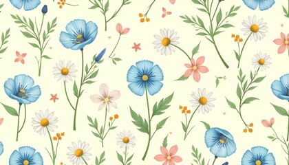 A seamless vintage floral pattern featuring soft, pastel blue poppies, white daisies with yellow centers, and small pink and orange flowers. The flowers are interwoven with green leaves and stems, set