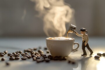 Miniature barista pouring latte art into a steaming cup of coffee surrounded by coffee beans.