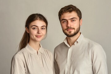 A young couple poses for a portrait, exuding confidence and style with neutral-toned attire.