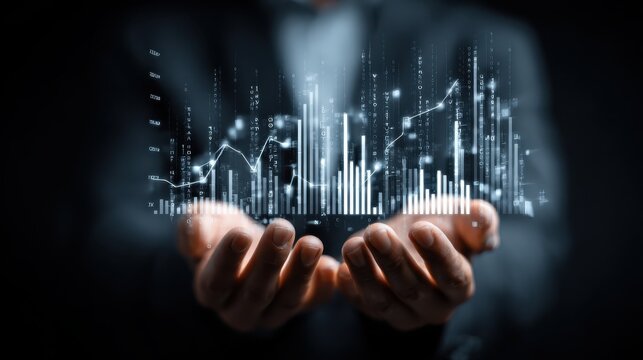 Businessman holds data-driven tech insights. Modern digital graphs, numbers float in hands. Informed business strategies, data management. Tech, analytics concepts. Decision making process presented