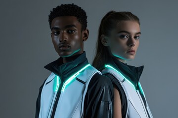 Futuristic fashion models showcase illuminated outerwear, blending technology and style.
