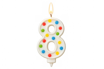 Number eight birthday candle burning with colorful dots on a transparent background, perfect for eighth birthday celebrations