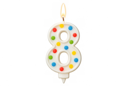 Number eight birthday candle burning with colorful dots on a transparent background, perfect for eighth birthday celebrations - Powered by Adobe