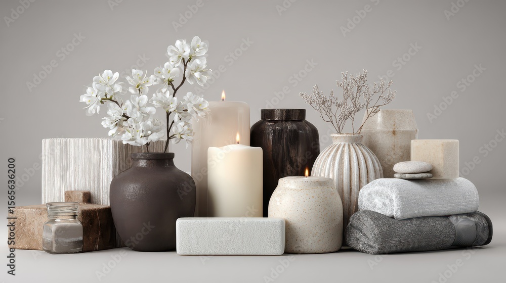 Poster conjunto de itens de spa com toalhas, velas e elementos decorativos em tons neutros, capturados com 
