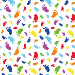 Colorful baby footprints seamless pattern. Fun foot marks background for kids, kindergarten, textile, wrapping paper, playroom, children's room or educational design.
