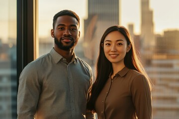Confident business colleagues stand together near a window overlooking the city at sunset.