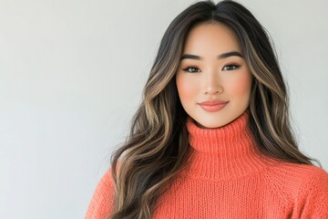A young Asian woman with long, wavy brown hair smiles gently while wearing a coral turtleneck sweater against a white backdrop.
