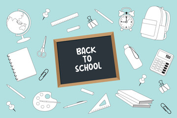 Cute sticker set of back to school supplies. Vector set. School stationary