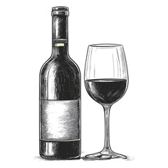 Vintage Wine Bottle and Glass Illustrated in Detailed Style, Logo Design, Hand drawing Engraving, Vector Illustration Isolated Object.
