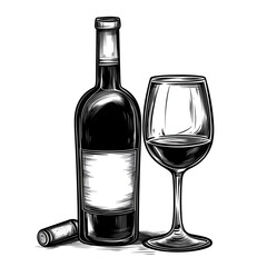 Vintage Wine Bottle and Glass Illustrated in Detailed Style, Logo Design, Hand drawing Engraving, Vector Illustration Isolated Object.