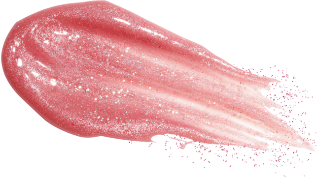 Shimmery lip balm smear with micro-glitter particles, soft pink tone, isolated on white, PNG