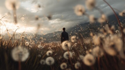 man standing field grass mountain background princess blurring scattered golden flakes dandelion end day travelers nebulous bouquets imagery dream aestheticism