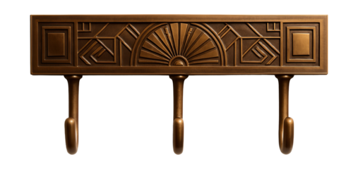 Art deco inspired bronze hook strip with geometric designs, perfect for an art studio to hang aprons.