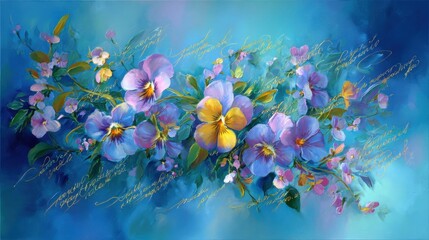 Obraz premium Calligraphy of irish blessings displayed beautifully in a vibrant painting featuring delicate flowers against a serene blue background capturing the essence of nature and artistry combined