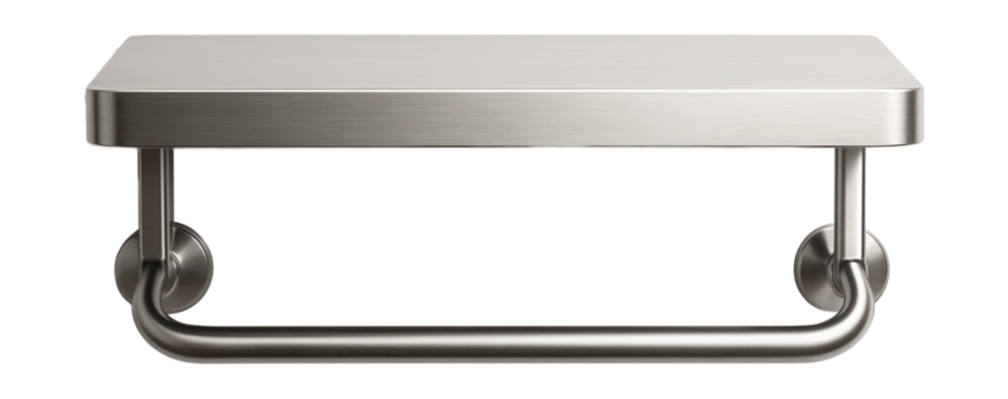 Wall-mounted stainless steel shelf with a towel rail, adding functionality and style to a contemporary bathroom.