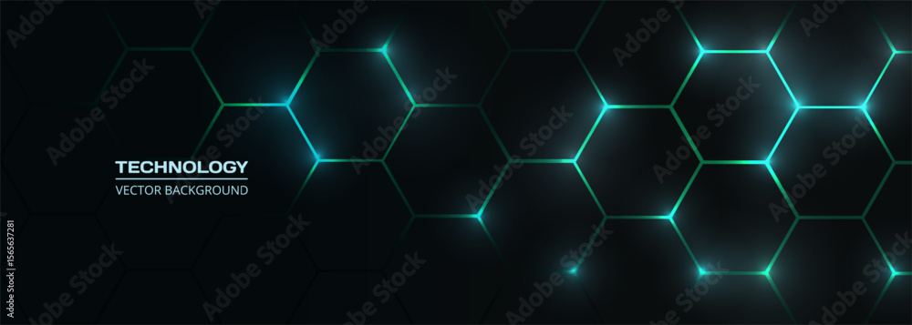 Poster dark hexagon abstract technology background with blue and green colored bright flashes under hexagon
