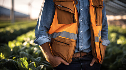 Concept of agriculture, man in orange vest standing on the field