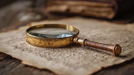 A vintage brass magnifying glass rests on a document subtly revealing details and enhancing the inspection process for a thorough examination of important information.