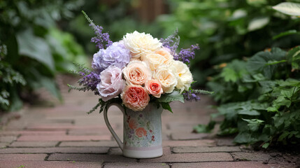 Elegant English garden bouquets in vintage vases, adorned with peonies, tulips and roses and other flowers, displayed in manor garden with dappled light and timeless floral grace