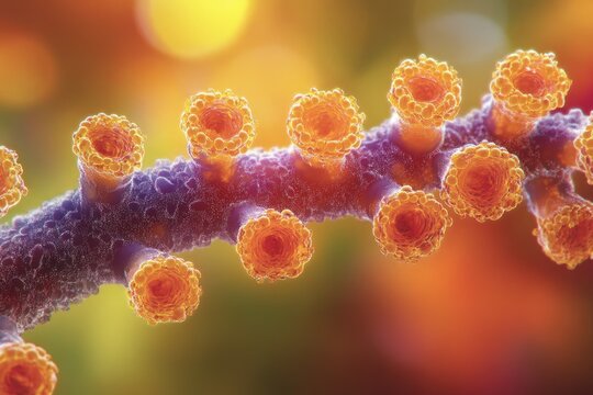 Microscopic image showcasing Aspergillus fungus with conidiophores and conidia, exhibiting intricate details of fungal structures.