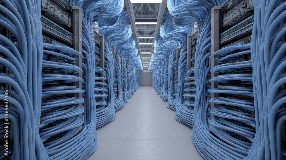 Poster internet lan cable in a modern server room for storing and transmitting information through a secure