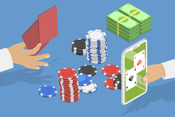 3D Isometric Flat Vector Illustration of Gambling, Online Poker, Featuring Hand Holding Two Aces Surrounded By Chips