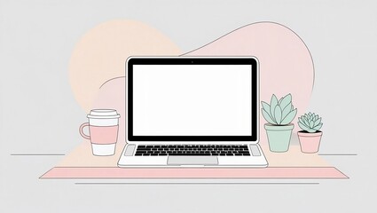 Pastel Flat Design Remote Desk with Laptop and Coffee – Vector Illustration