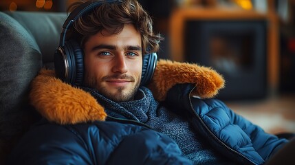Fototapeta premium Relaxed Man Listening to Music with Headphones in Cozy Setting
