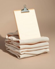Clipboard standing on top of folded cloths, a simple and clean composition