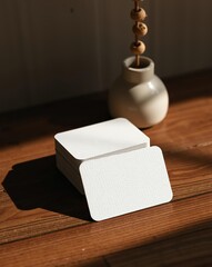 A stack of blank business cards with rounded edges next to a small vase with dry flower