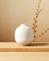 A beautiful minimalist white ceramic vase sitting on a wooden surface with a neutral background
