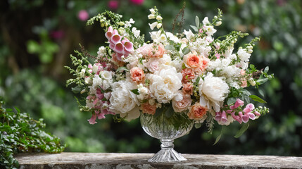 Elegant English garden bouquets in vintage vases, adorned with peonies, tulips and roses and other flowers, displayed in manor garden with dappled light and timeless floral grace