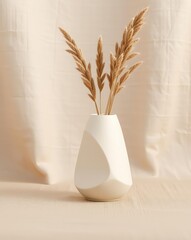 Still life featuring a minimalist white vase with dried grasses and a soft backdrop.